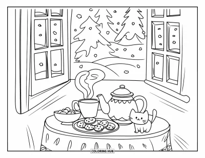 Coloriage de goûter pour adultes : Un chat repose près de la théière dans un coin de fenêtre douillet avec des biscuits et du thé