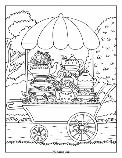 Coloriage de goûter pour adultes : Un charmant chariot à thé avec des théières, des tasses et des cupcakes qui avance sur un chemin de jardin