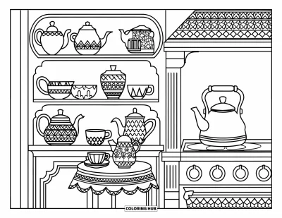 Coloriage de goûter pour adultes : Un coin à thé chaleureux avec des étagères de théières à motifs, des tasses et une bouilloire fumante