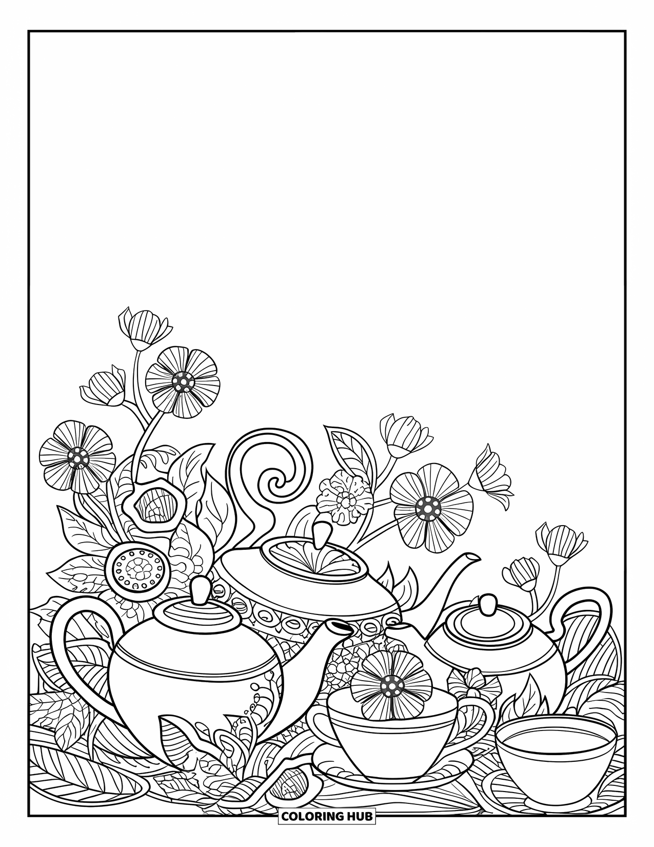 Tea Party Coloring Page for Adults: A decorative border of teapots and cups woven with blooming flowers
