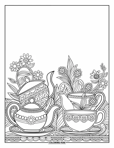 Coloriage de goûter pour adultes : Une bordure ornée de théières et de tasses entourées de fleurs épanouies