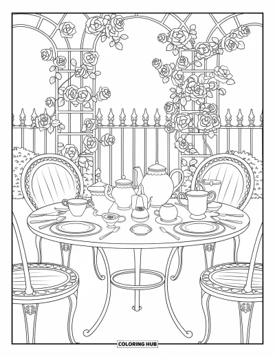 Coloriage de goûter pour adultes : Un goûter au jardin avec des roses, une table en fer forgé et de beaux services à thé