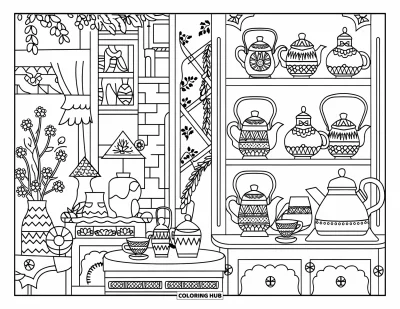 Coloriage de goûter pour adultes : Un coin à thé rustique avec des étagères, des fleurs et une bouilloire sur le fourneau