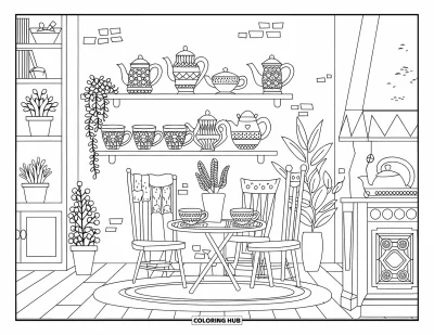 Coloriage de goûter pour adultes : Un coin à thé rustique avec des étagères de théières, du mobilier en bois et des plantes en pot
