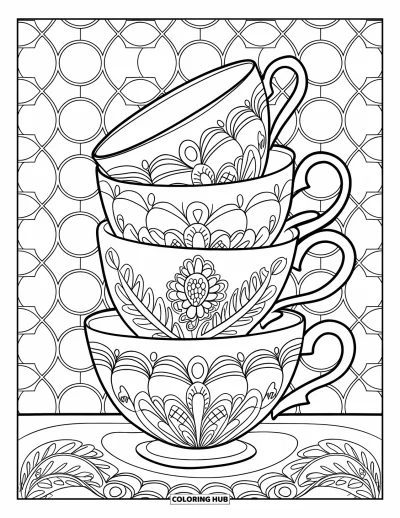 Coloriage de goûter pour adultes : Une pile de tasses à thé aux motifs floraux avec un petit motif de fleur