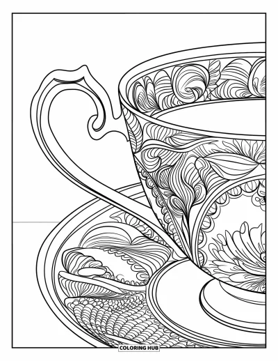 Coloriage de goûter pour adultes : Une tasse à thé aux motifs de filigrane posée sur une soucoupe avec des détails floraux