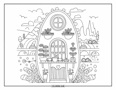 Coloriage de goûter pour adultes : Une mignonne maison de thé avec des plantes en pot et une vue sur un paysage tranquille