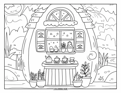 Coloriage de goûter pour adultes : Une mignonne maison de thé avec des plantes en pot entourée d'un cadre extérieur paisible