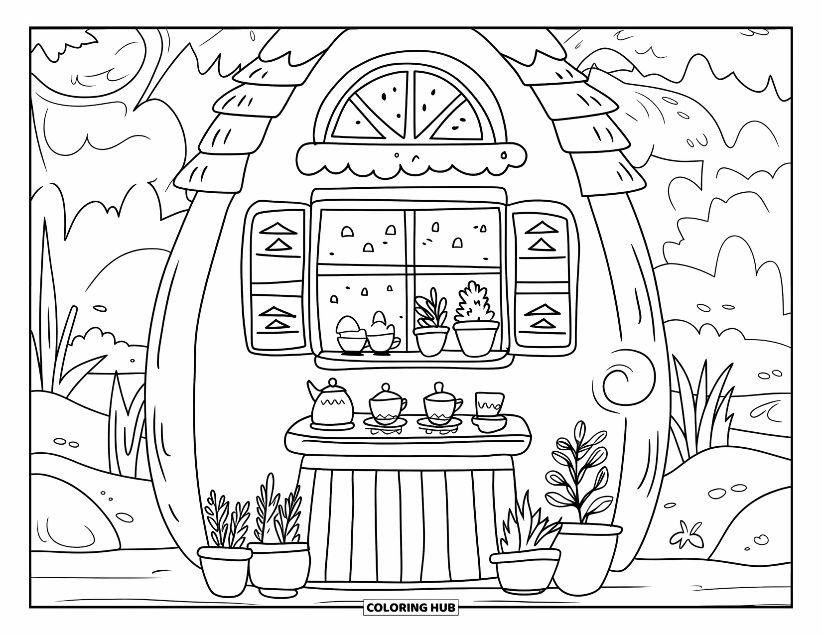 Tea Party Coloring Page for Adults: A tiny tea house with potted plants surrounded by a calm outdoor setting