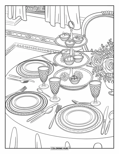 Coloriage de goûter pour adultes : Une table à thé victorienne avec d'élégants desserts, des fleurs et une décoration soignée