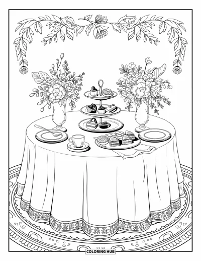 Coloriage de goûter pour adultes : Une table à thé victorienne avec des plateaux étagés de desserts et des décorations florales