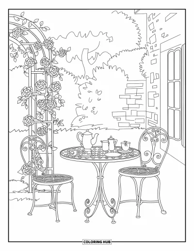 Coloriage de goûter pour adultes : Une table en fer forgé avec des services à thé, des roses et des chaises de jardin
