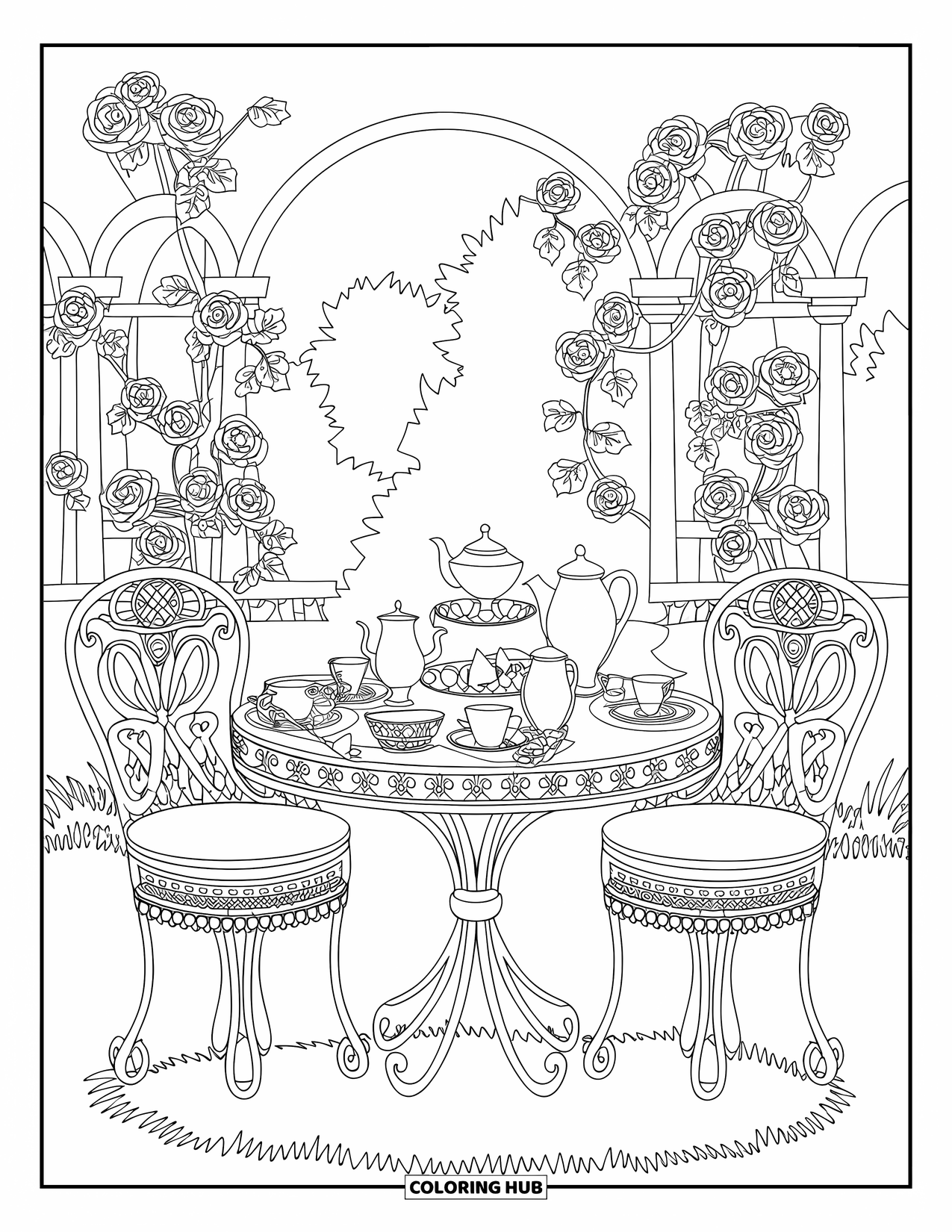 Tea Party Coloring Page for Adults: An outdoor tea party with a wrought-iron table and roses on a trellis
