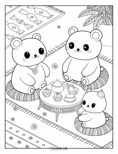 Coloriage de goûter pour adultes : Des ours aux grands yeux savourent le thé, des cupcakes et des fleurs dans une pièce douillette