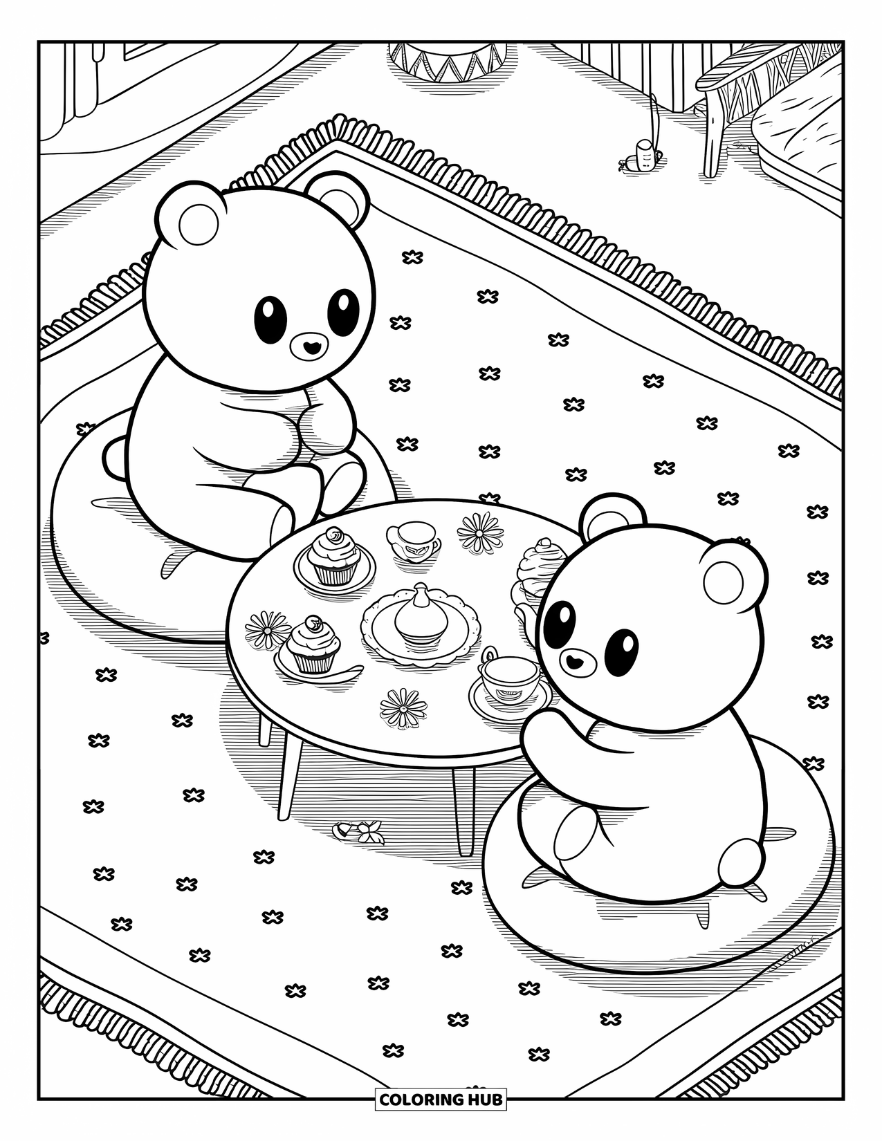 Tea Party Coloring Page for Adults: Two bears sit around a tea table with cupcakes, teapots, and tiny flowers