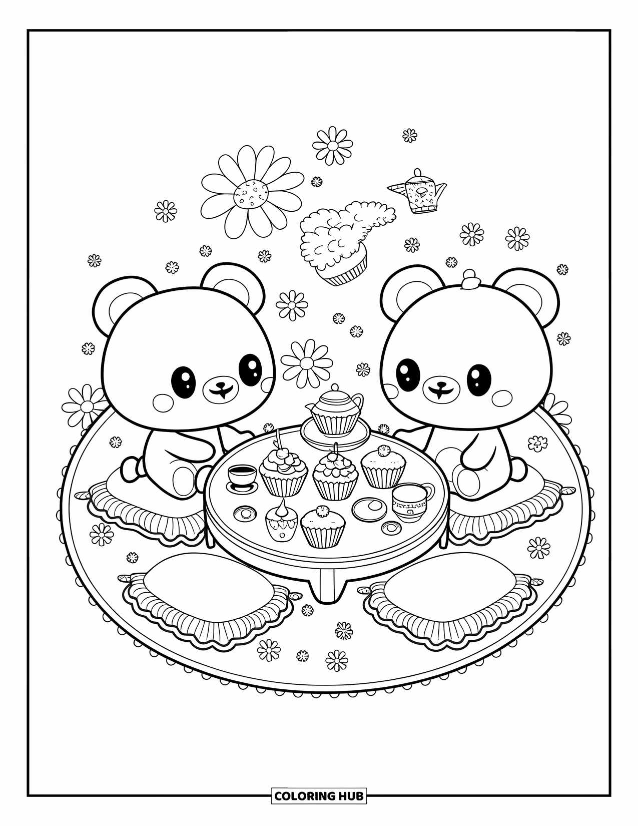 Tea Party Coloring Page for Adults: Two bears sit at a tea table with cupcakes, teapots, and playful details