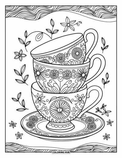 Coloriage de goûter pour adultes : Des tasses à thé empilées de façon fantaisiste avec des sculptures florales et des feuilles éparpillées
