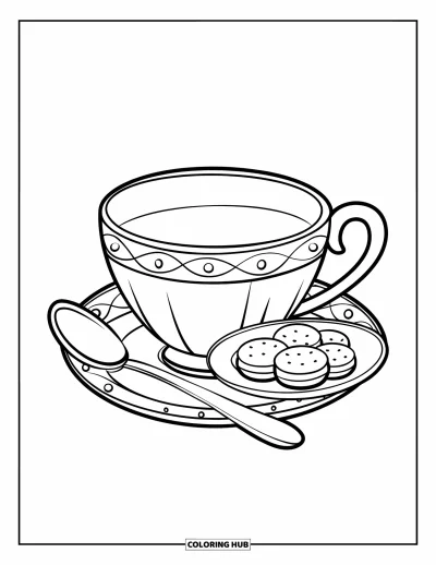 Coloriage de goûter pour enfants : Une grande tasse à thé sur une soucoupe avec une cuillère et des biscuits placés à côté