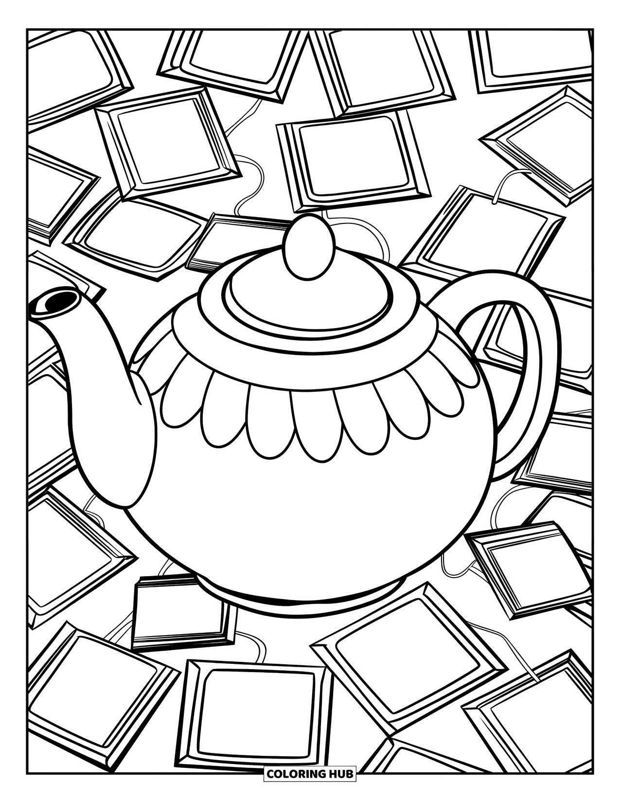 Tea Party Coloring Page for Kids: A big teapot with tea bags drawn in bold outlines