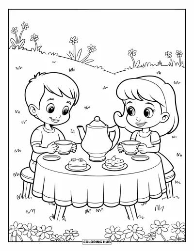Coloriage de goûter pour enfants : Un garçon et une fille savourent le thé et des gâteaux dans un champ fleuri