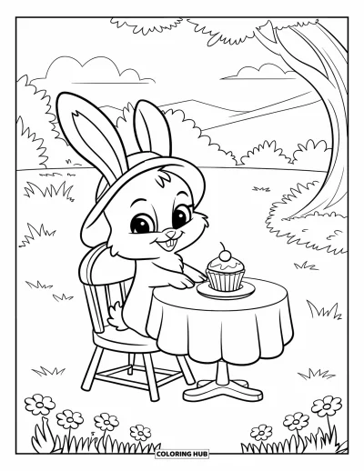 Coloriage de goûter pour enfants : Un lapin coiffé d'un chapeau assis à une table de goûter avec un cupcake dans la nature