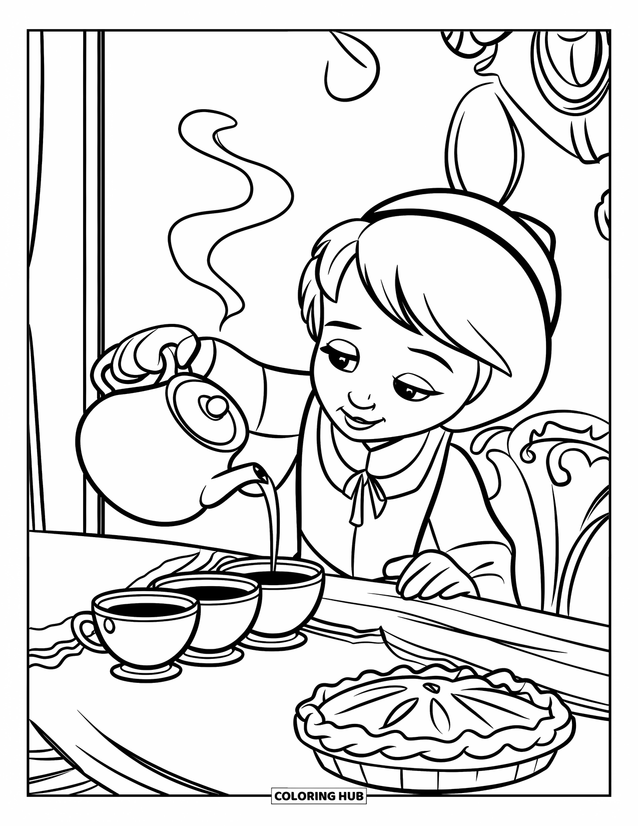 Tea Party Coloring Page for Kids: A child pours tea into three cups with apple pie nearby