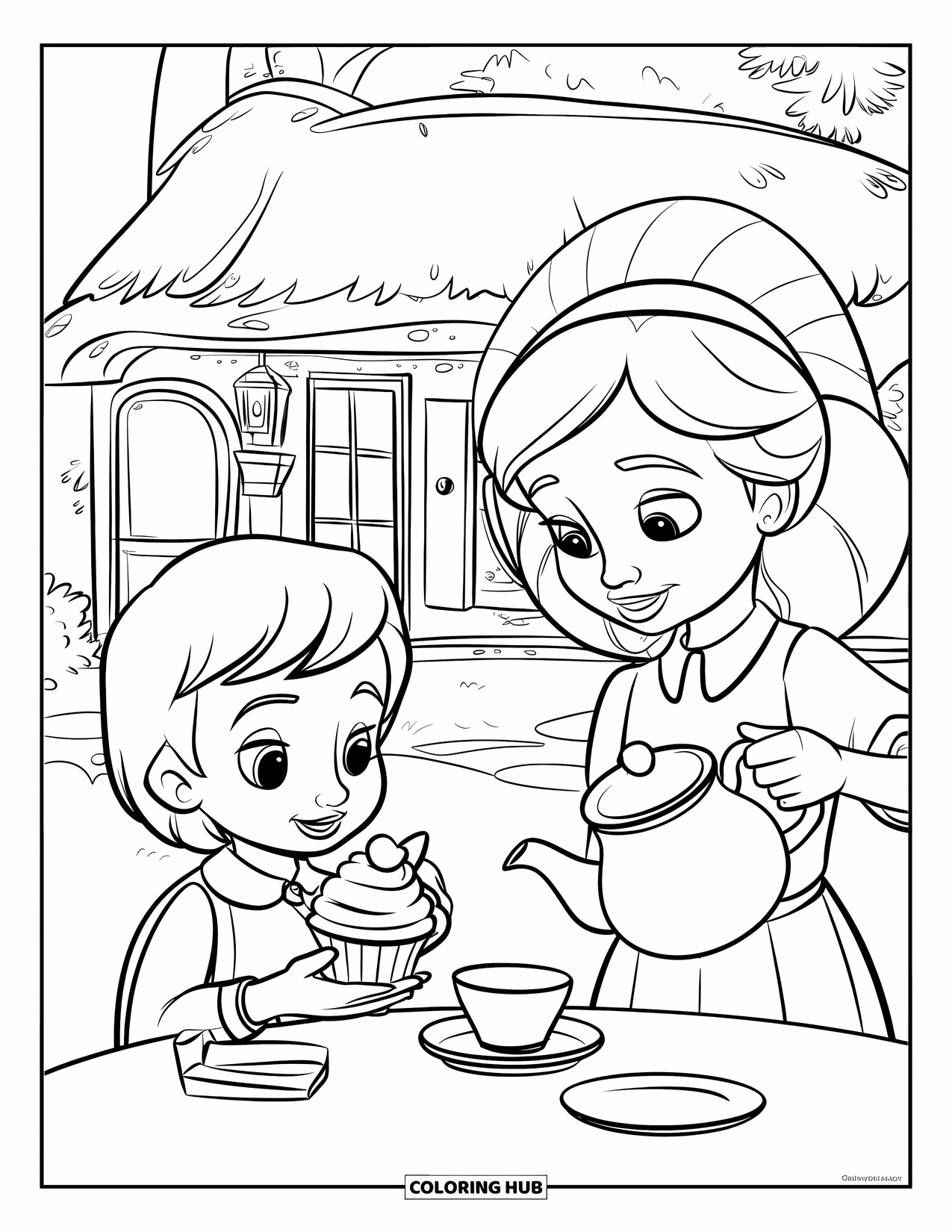 Tea Party Coloring Page for Kids: A child with a cupcake and another pouring tea in a cottage setting