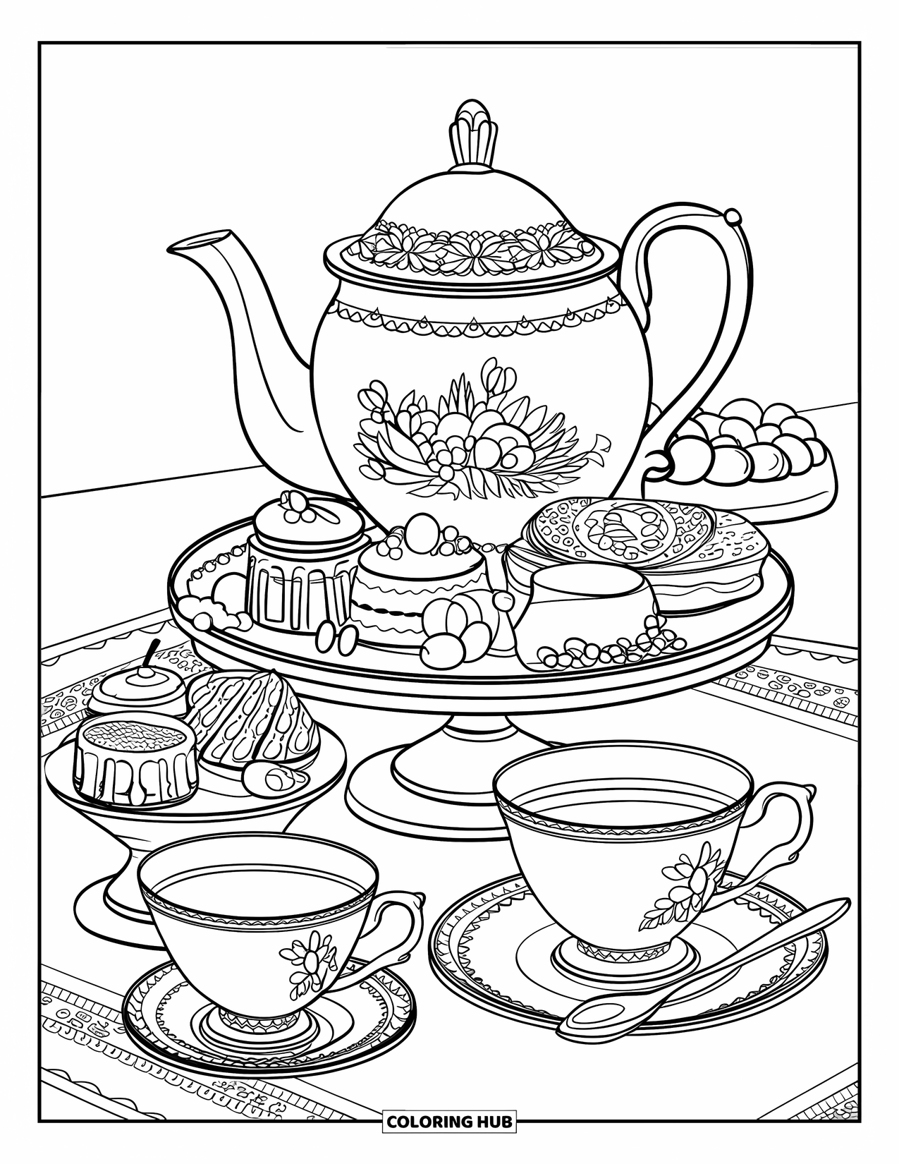 Tea Party Coloring Page for Kids: A floral tea set on a stand surrounded by cakes, pastries, and fruits