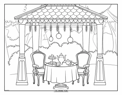 Coloriage de goûter pour enfants : Un goûter dans un kiosque avec une table dressée pour le thé et des pâtisseries