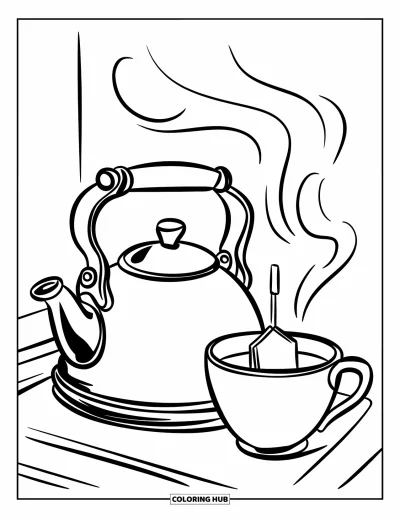 Coloriage de goûter pour enfants : Une bouilloire avec de la vapeur et une tasse à côté sur une cuisinière