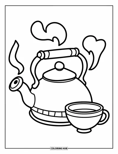 Coloriage de goûter pour enfants : Une bouilloire avec de la vapeur et une tasse dessinées dans un style ludique et simple