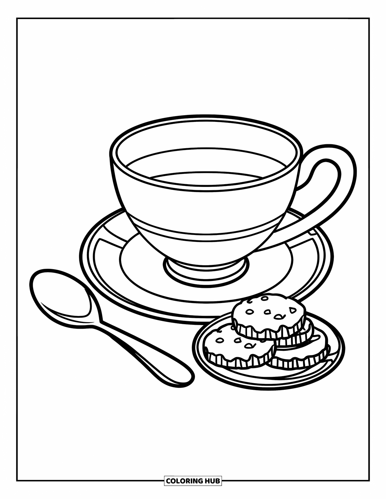 Tea Party Coloring Page for Kids: A large teacup on a saucer with a spoon and cookies nearby