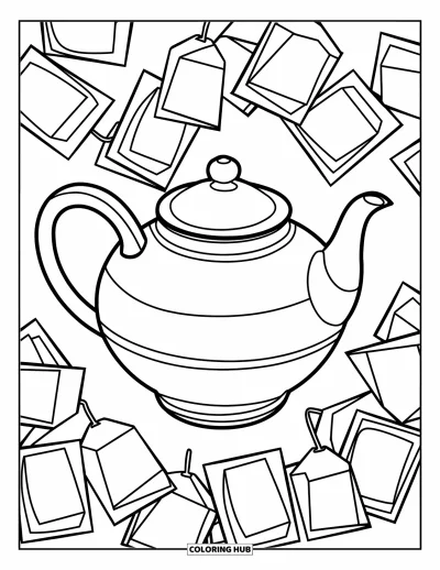 Coloriage de goûter pour enfants : Une grande théière entourée de sachets de thé