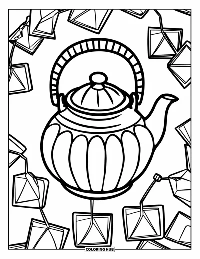 Coloriage de goûter pour enfants : Une grande théière avec des sachets de thé dans un style joyeux et fantaisiste