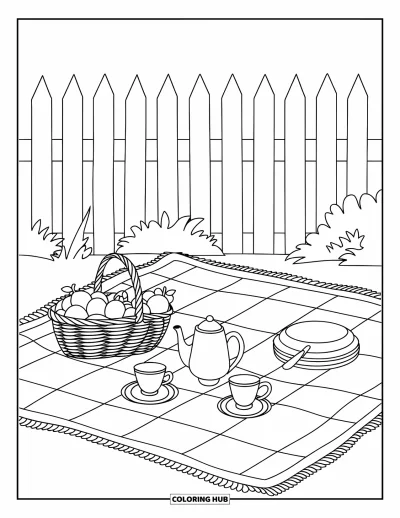 Coloriage de goûter pour enfants : Une couverture de pique-nique avec un service à thé et un panier de fruits près d'une clôture