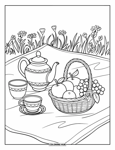 Coloriage de goûter pour enfants : Une couverture de pique-nique avec un service à thé et un panier de fruits dans un champ