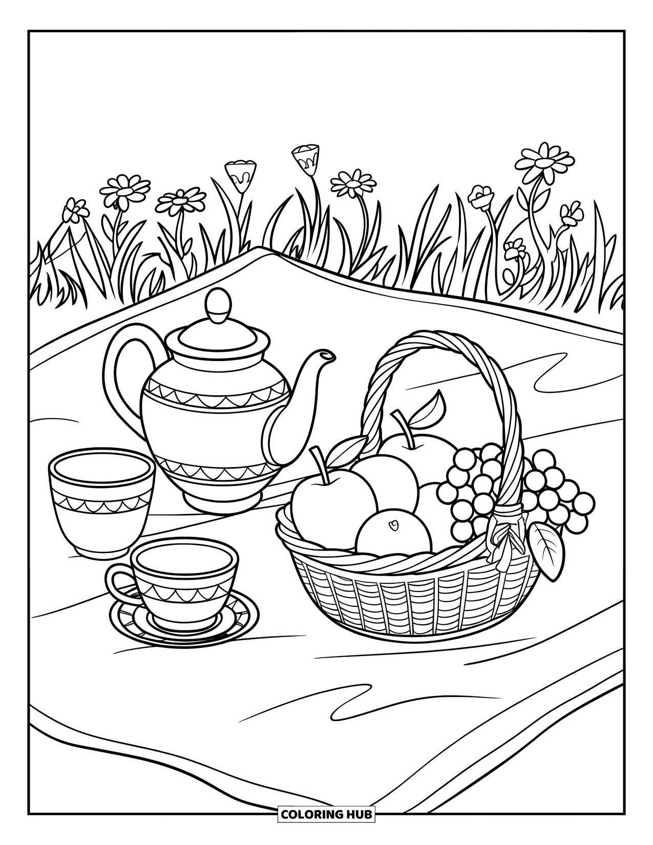 Tea Party Coloring Page for Kids: A picnic blanket with a tea set and a fruit basket in a field
