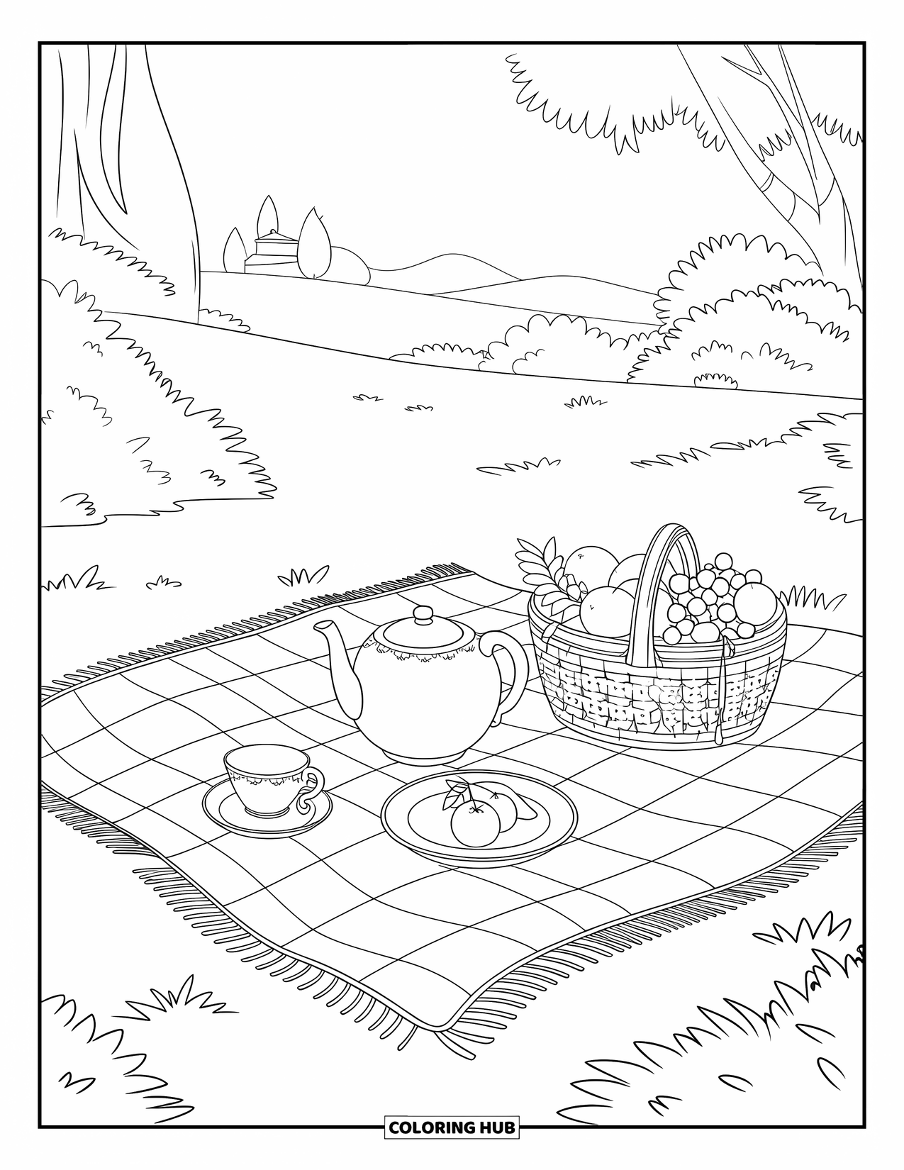 Tea Party Coloring Page for Kids: A picnic blanket with tea, fruit, and a distant view of trees