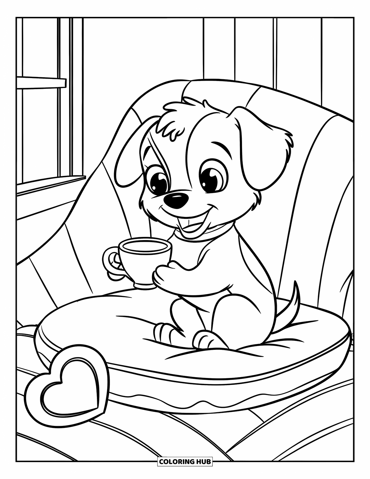 Tea Party Coloring Page for Kids: A puppy on a cushion holds a teacup with a heart-shaped cookie nearby