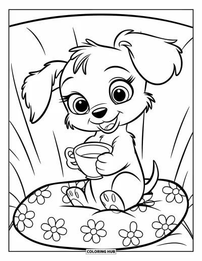 Coloriage de goûter pour enfants : Un chiot aux longues oreilles tient une tasse à thé assis sur un coussin fleuri