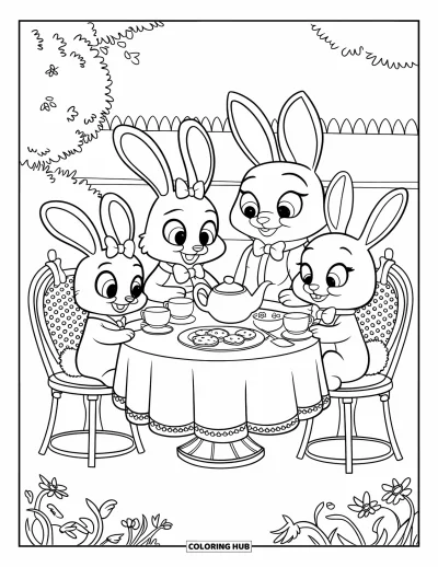 Coloriage de goûter pour enfants : Une famille de lapins prend le thé avec des biscuits dans un jardin fleuri
