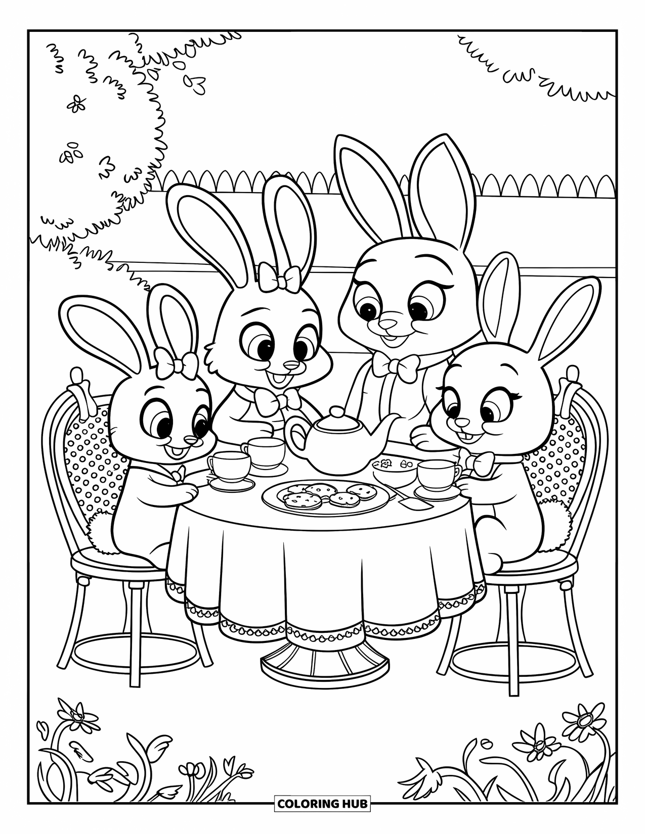 Tea Party Coloring Page for Kids: A rabbit family enjoys tea with cookies in a flower-filled garden