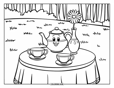 Coloriage de goûter pour enfants : Une table ronde avec une théière souriante, des tasses à thé et un vase de fleurs en plein air