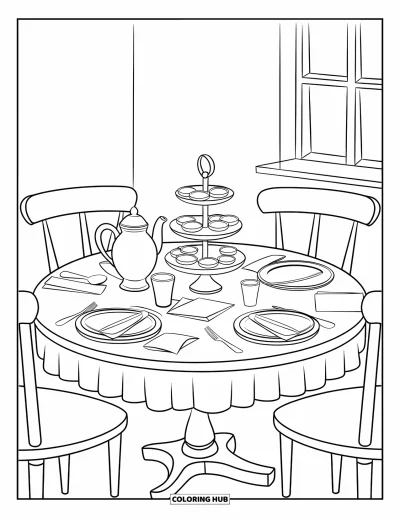 Coloriage de goûter pour enfants : Une table ronde dressée avec une théière, des serviettes et un plateau à gâteaux