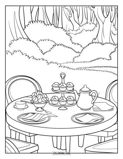 Coloriage de goûter pour enfants : Une table à thé ronde avec un plateau à gâteaux dans un décor de forêt