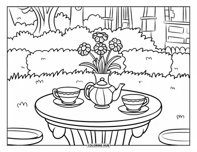 Coloriage de goûter pour enfants : Une table à thé ronde avec une théière, des tasses et des fleurs dans un espace verdoyant