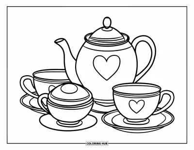 Coloriage de goûter pour enfants : Un petit service à thé avec une théière décorée de cœurs, des tasses et un sucrier