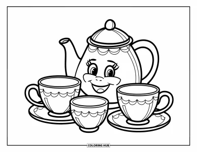 Coloriage de goûter pour enfants : Une théière souriante avec des tasses et un sucrier posés sur une petite assiette
