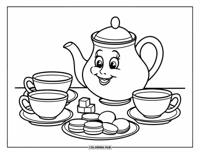 Coloriage de goûter pour enfants : Une théière souriante avec des tasses, des morceaux de sucre et des biscuits