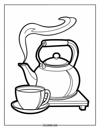 Coloriage de goûter pour enfants : Une bouilloire fumante avec une tasse posée sur un support en bois